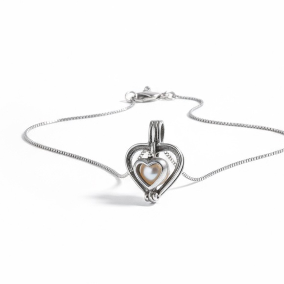 Vintage Sterling Silver Heart Cage Necklace w/ Cultured Pearl Italy 925 - Picture 1 of 5